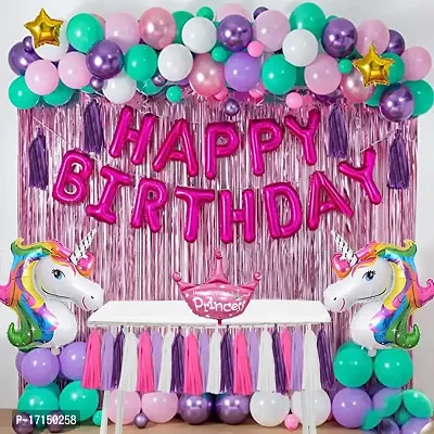 GROOVY DUDZ Unicorn Theme Birthday Decorations Combo Set- 73Pcs Kit with Happy Birthday pink foil, Head Foil, Metallic Balloons - Happy Birthday Decoration Kit for Girls / Unicorn Birthday Decorations