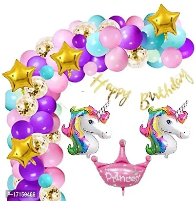 GROOVY DUDZ Unicorn Theme Birthday Decorations Combo Set- 40Pcs Kit with Happy Birthday Bunting, Head Foil, Metallic Balloons - Happy Birthday Decoration Kit for Girls / Unicorn Birthday Decorations-thumb0