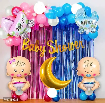 GROOVY DUDZ Baby Shower Letter Bunting Banner, Latex, Pram foil with Moon Foil Balloon Baby Shower Decorations Item Combo Set For Maternity, Pregnancy Photoshoot Material Items Supplies - 50Pcs