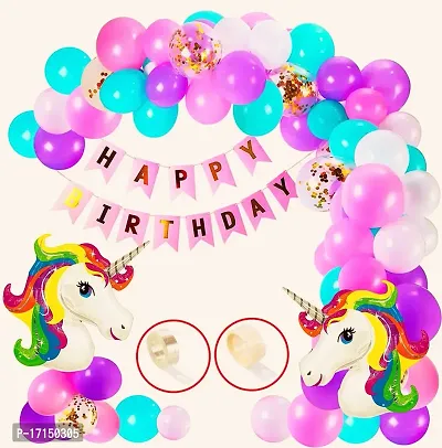 GROOVY DUDZ Unicorn Theme Birthday Decorations Combo Set- 50Pcs Kit with Happy Birthday Bunting, Head Foil, Metallic Balloons - Happy Birthday Decoration Kit for Girls / Unicorn Birthday Decorations