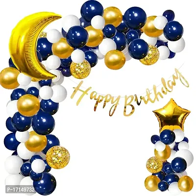 GROOVY DUDZ Happy Birthday Decoration Combo Kit-76-Blue Cursive HBD Banner(13),Foil 28Golden Moon(1),Foil Golden 18Star(1)+Golden Confetti Balloons-3+Metallic Balloons Blue-20+White-20+Golden-18