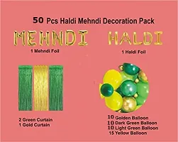 GROOVY DUDZ Haldi Mehndi Ceremony Decoration Pack of 50 items Decoration Kit contains 1 Mehndi Foil 1 Haldi Foil 1 Gold Curtains 2 Green Curtains 45 Balloons-thumb3