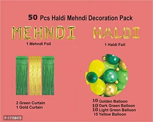 GROOVY DUDZ Haldi Mehndi Ceremony Decoration Pack of 50 items Decoration Kit contains 1 Mehndi Foil 1 Haldi Foil 1 Gold Curtains 2 Green Curtains 45 Balloons-thumb4