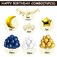 GROOVY DUDZ Happy Birthday Decoration Combo Kit-76-Blue Cursive HBD Banner(13),Foil 28Golden Moon(1),Foil Golden 18Star(1)+Golden Confetti Balloons-3+Metallic Balloons Blue-20+White-20+Golden-18-thumb1