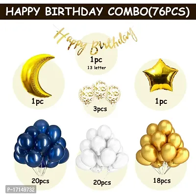 GROOVY DUDZ Happy Birthday Decoration Combo Kit-76-Blue Cursive HBD Banner(13),Foil 28Golden Moon(1),Foil Golden 18Star(1)+Golden Confetti Balloons-3+Metallic Balloons Blue-20+White-20+Golden-18-thumb2