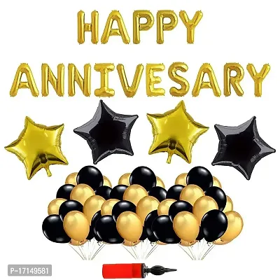 Happy Anniversary Decoration Kit For Home -56 Items Black Gold Combo Set , Balloons, Foil Balloons