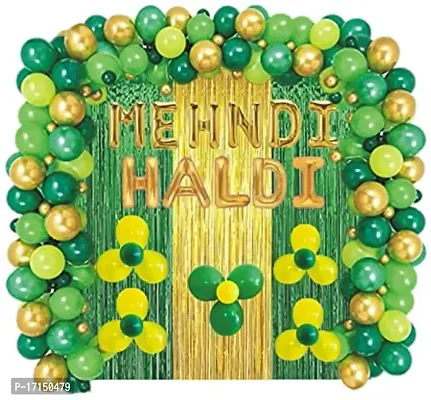 GROOVY DUDZ Haldi Mehndi Ceremony Decoration Pack of 50 items Decoration Kit contains 1 Mehndi Foil 1 Haldi Foil 1 Gold Curtains 2 Green Curtains 45 Balloons