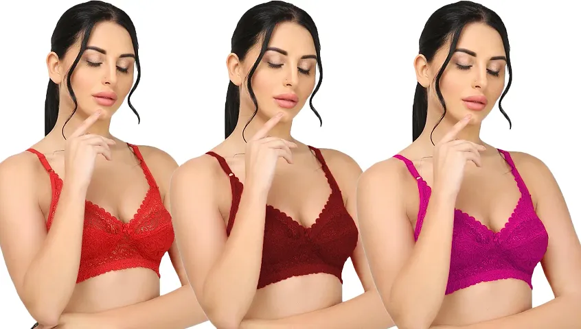 Stylish Net Solid Bras For Women Pack of 3