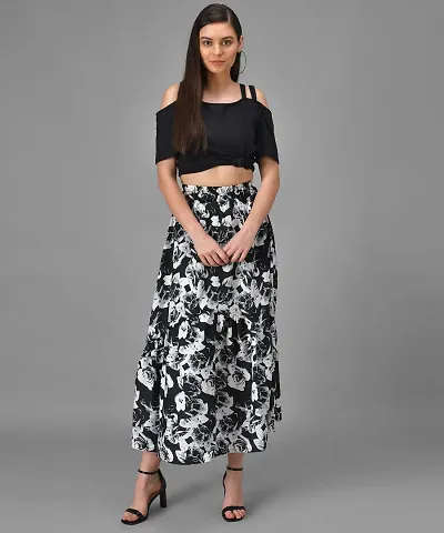 Stylish Cotton Blend Solid Single Shoulder Strap Top and Georgette Printed Skirt For Women