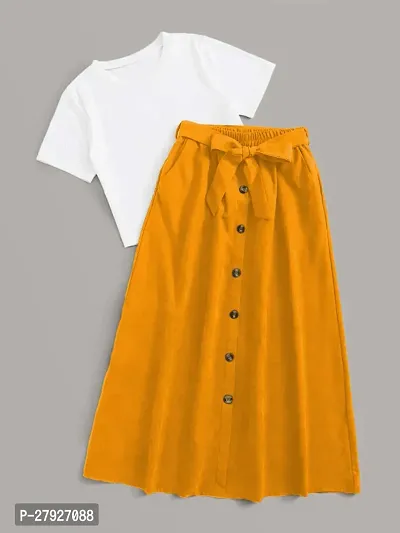 Fancy Yellow Cotton Blend Solid Top With Skirts Co-Ords Sets For Women