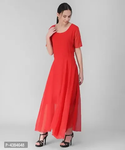Elizy Women Red Plain Georgette Dress-thumb0