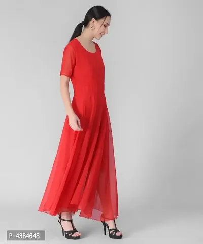 Elizy Women Red Plain Georgette Dress-thumb4