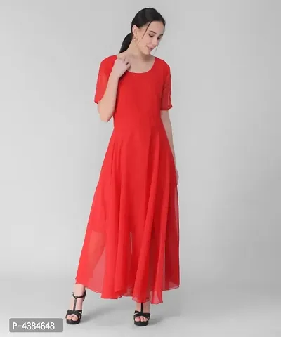 Elizy Women Red Plain Georgette Dress-thumb3