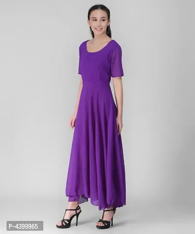 Elizy Women Purple Plain Georgette Dress-thumb0