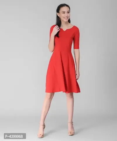 Elizy Women Red V-Cut Plain Midi Hosery Dress