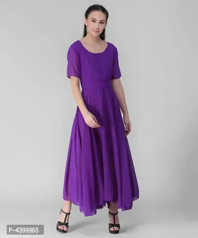 Elizy Women Purple Plain Georgette Dress-thumb2