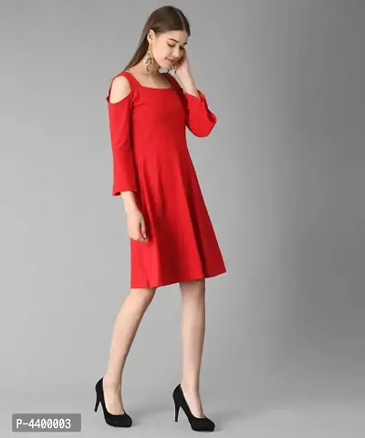 Elizy Women Red Cold Shoulder Plain Midi Hosery Dress