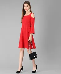 Elizy Women Red Cold Shoulder Plain Midi Hosery Dress-thumb1