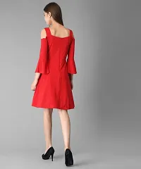 Elizy Women Red Cold Shoulder Plain Midi Hosery Dress-thumb2