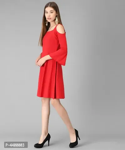 Elizy Women Red Cold Shoulder Plain Midi Hosery Dress-thumb4
