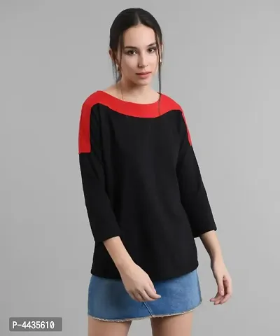 Elizy Women Black Plain Red Shoulder T-shirt-thumb0