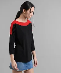 Elizy Women Black Plain Red Shoulder T-shirt-thumb2