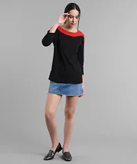 Elizy Women Black Plain Red Shoulder T-shirt-thumb1