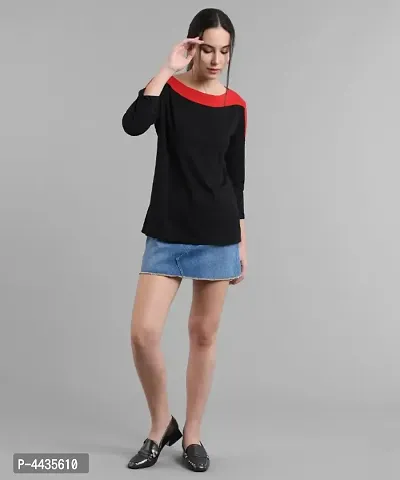Elizy Women Black Plain Red Shoulder T-shirt-thumb2