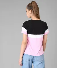 Elizy Women Black White Pink Colour Block T-shirt-thumb2