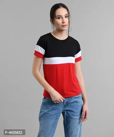 Elizy Women Black White Red Colour Block T-shirt