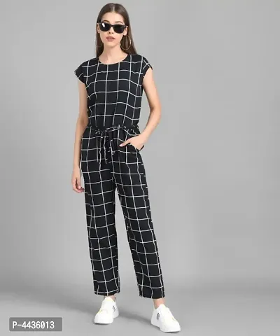 Women Black Check Front Knot Printed Jumpsuits-thumb0
