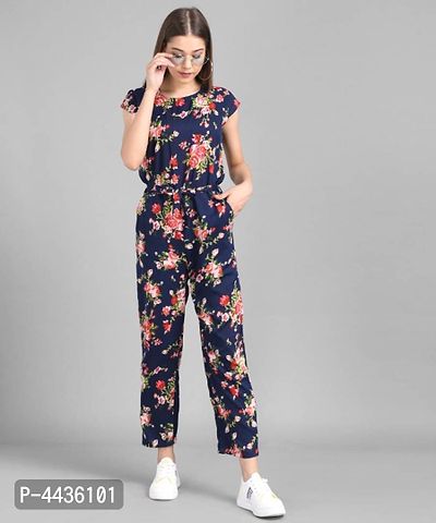 Women Nevy Blue Flower Printed Front Knot Jumpsuits