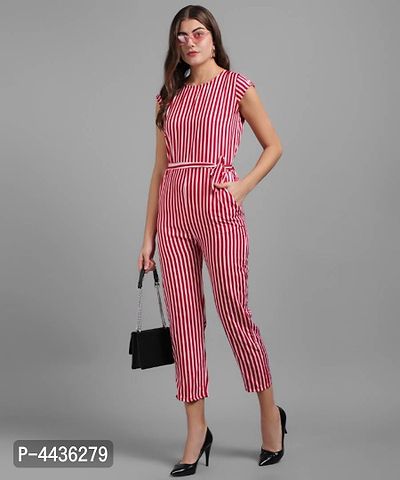 Women Red Stripe Printed Front Knot Jumpsuits