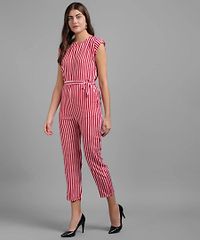 Women Red Stripe Printed Front Knot Jumpsuits-thumb3
