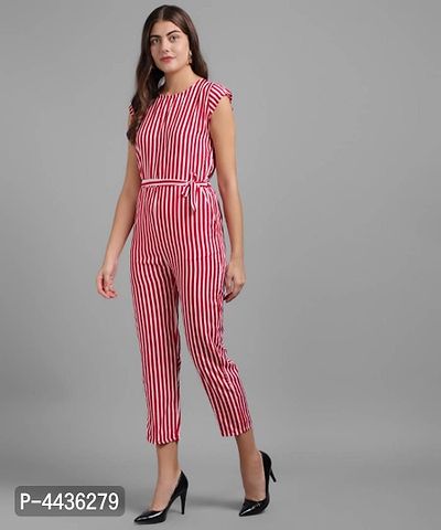 Women Red Stripe Printed Front Knot Jumpsuits-thumb4