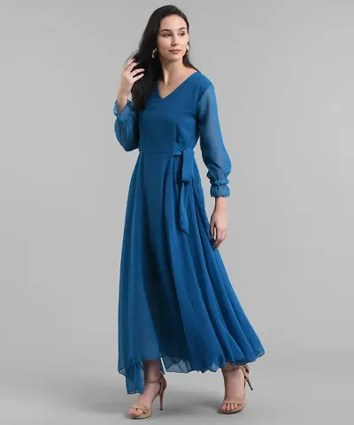 Elegant Georgette Maxi Length Solid Dress For Women