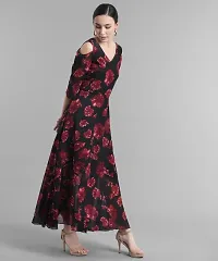 Elizy Women Black Base Red Rose Printed Off Shoulder Georgette Dress-thumb1