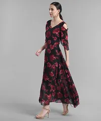 Elizy Women Black Base Red Rose Printed Off Shoulder Georgette Dress-thumb2