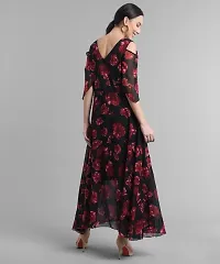 Elizy Women Black Base Red Rose Printed Off Shoulder Georgette Dress-thumb3