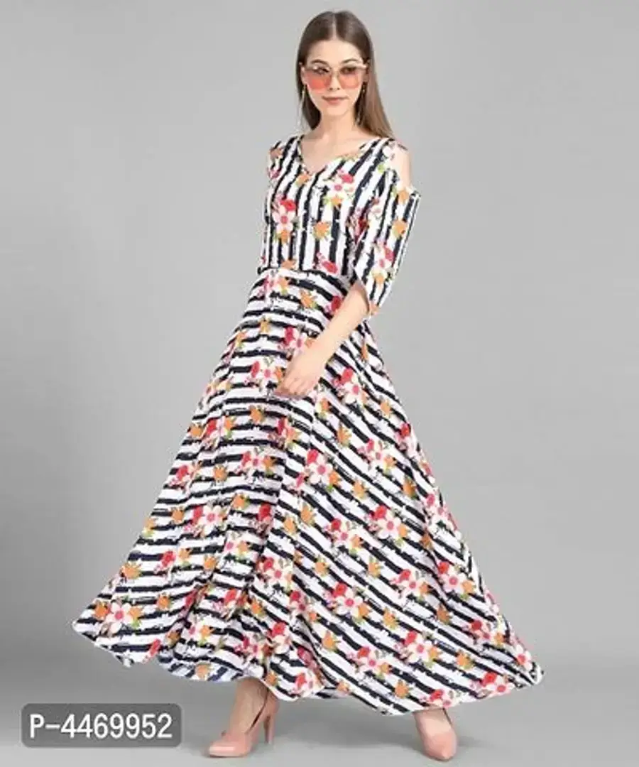 Elizy Women Black White Stripe Floral Printed Crepe Maxi Dress-thumb0