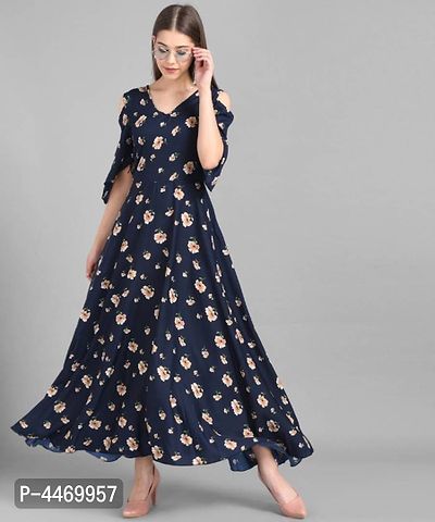 Elizy Women Nevy Blue Small Floral Printed Crepe Maxi Dress