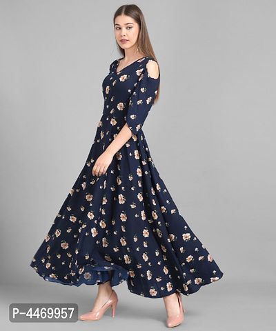 Elizy Women Nevy Blue Small Floral Printed Crepe Maxi Dress-thumb2