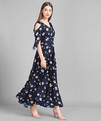 Elizy Women Nevy Blue Small Floral Printed Crepe Maxi Dress-thumb2