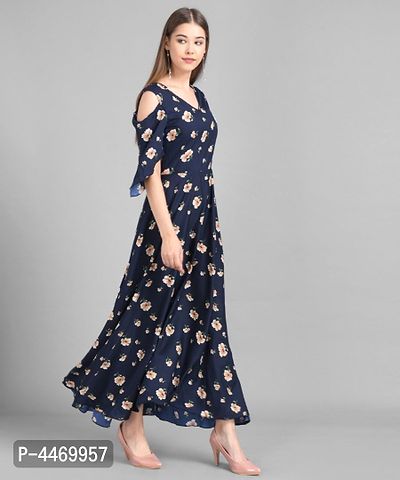 Elizy Women Nevy Blue Small Floral Printed Crepe Maxi Dress-thumb3