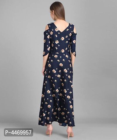 Elizy Women Nevy Blue Small Floral Printed Crepe Maxi Dress-thumb4