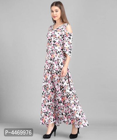 Elizy Women White Base Multi Floral Printed crepe Maxi Dress-thumb2