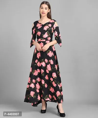 Elizy Women Black Base Pink Big Rose Printed Crepe Dress