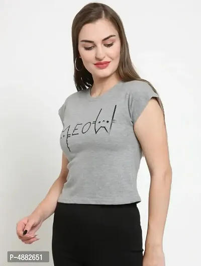 Elizy Women Grey Meow Printed Crop Top-thumb2