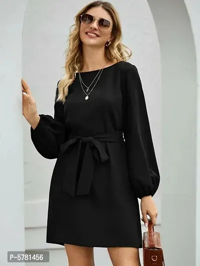 Vivient Women Elegant Black Elastic Sleeve Crepe Short Dress-thumb0