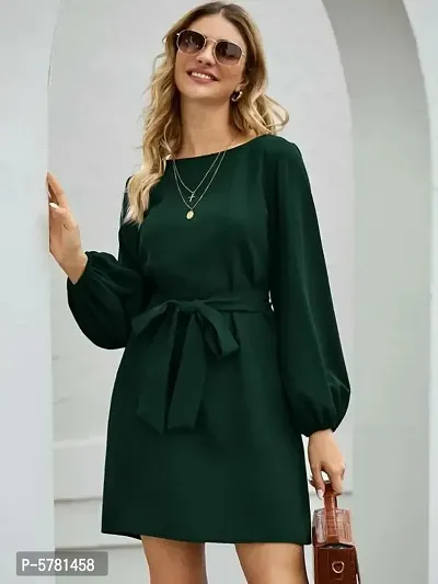 Vivient Women Elegant Dark Green Elastic Sleeve Crepe Short Dress